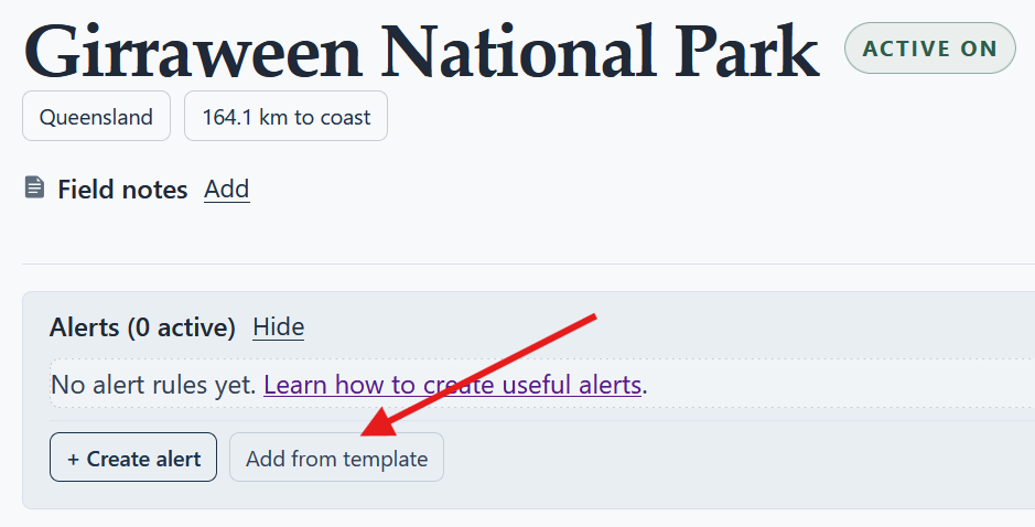 Create Alert from template button screenshot