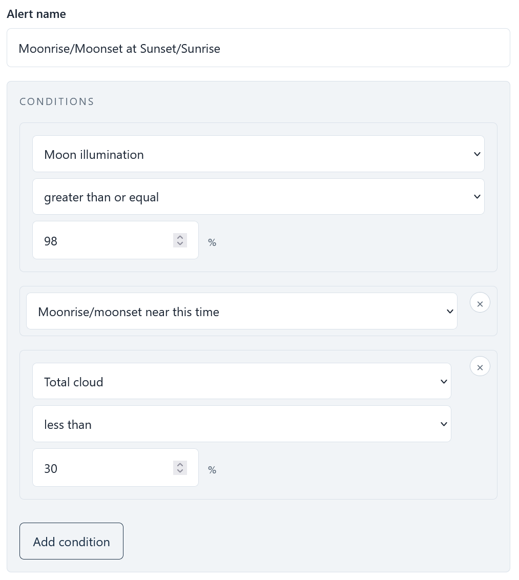 Moonrise/moonset alert setup