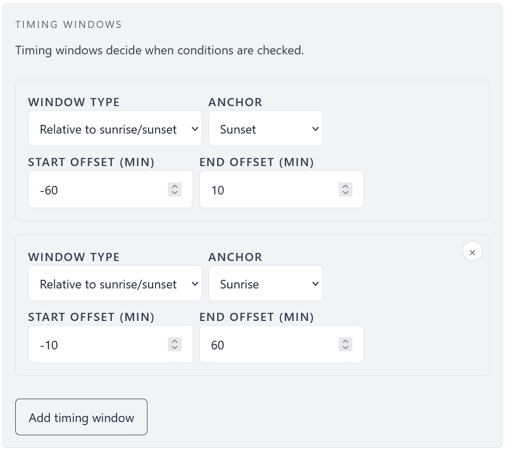 Moonrise/moonset timing window selection
